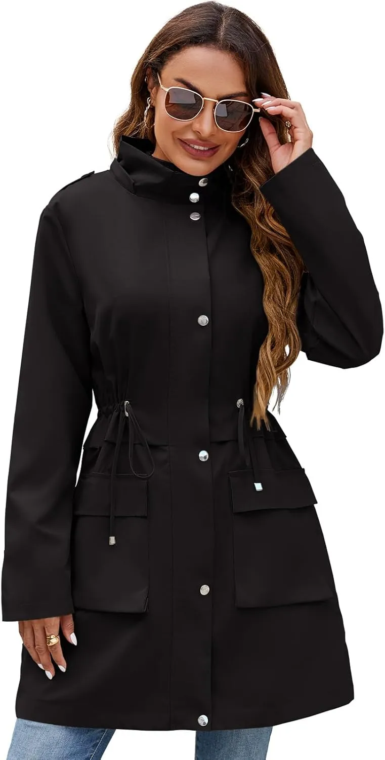 Womens Rain Jacket with Hood, Long Rain Coat for Women Waterproof Trench Coat Lined Windbreaker Fall Jacket