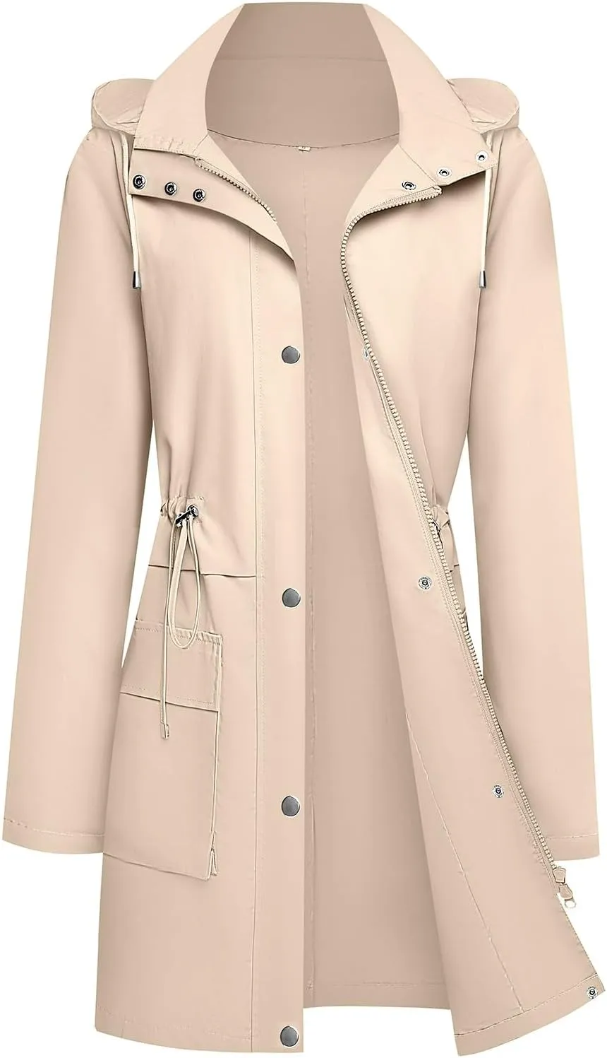 Womens Rain Jacket with Hood, Long Rain Coat for Women Waterproof Trench Coat Lined Windbreaker Fall Jacket