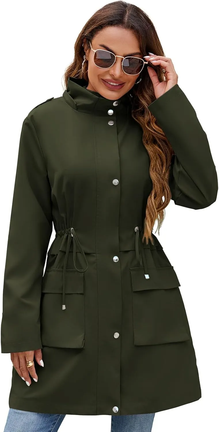 Womens Rain Jacket with Hood, Long Rain Coat for Women Waterproof Trench Coat Lined Windbreaker Fall Jacket