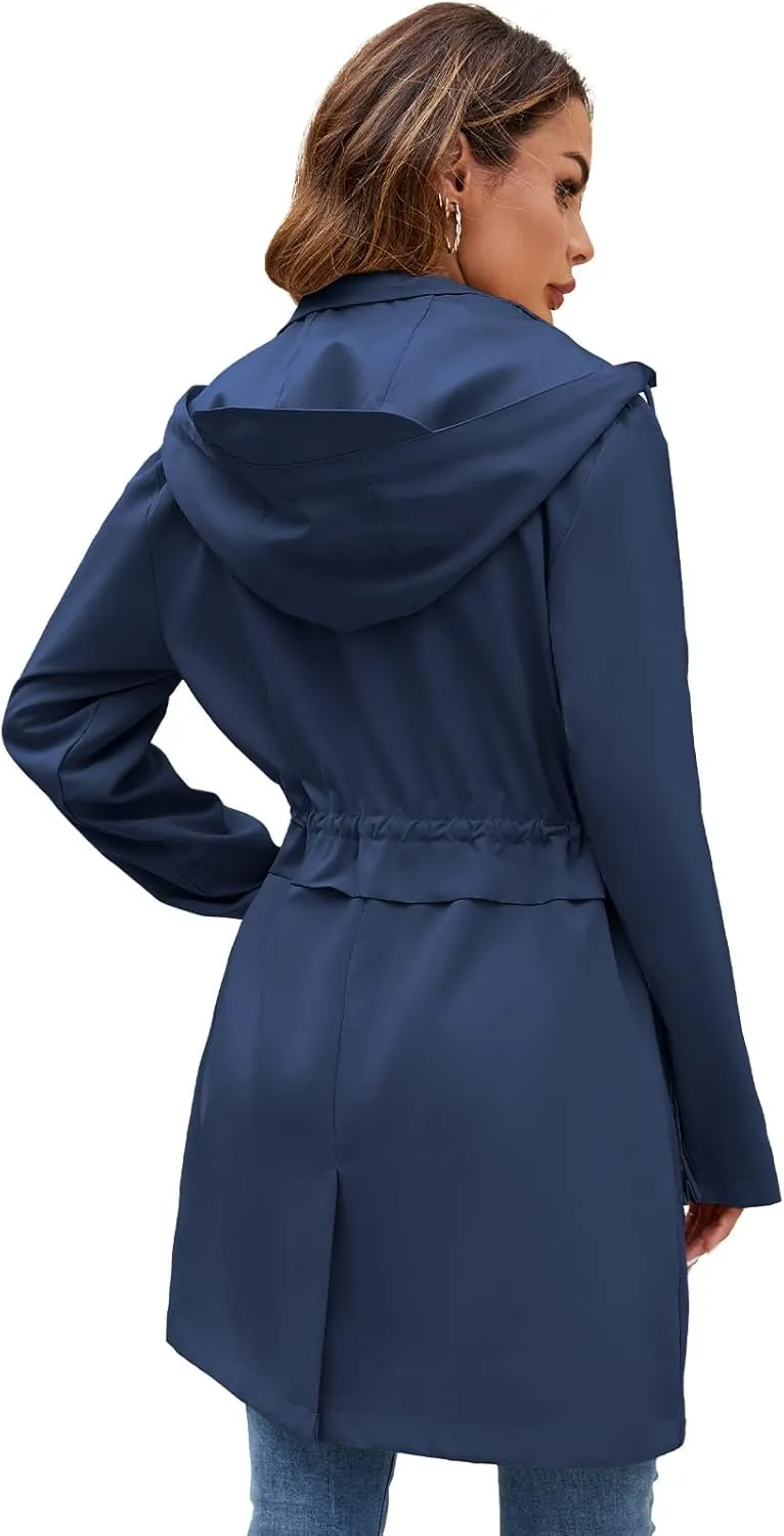 Womens Rain Jacket with Hood, Long Rain Coat for Women Waterproof Trench Coat Lined Windbreaker Fall Jacket