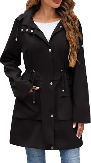Womens Rain Jacket with Hood, Long Rain Coat for Women Waterproof Trench Coat Lined Windbreaker Fall Jacket