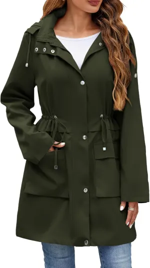 Womens Rain Jacket with Hood, Long Rain Coat for Women Waterproof Trench Coat Lined Windbreaker Fall Jacket