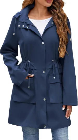 Womens Rain Jacket with Hood, Long Rain Coat for Women Waterproof Trench Coat Lined Windbreaker Fall Jacket