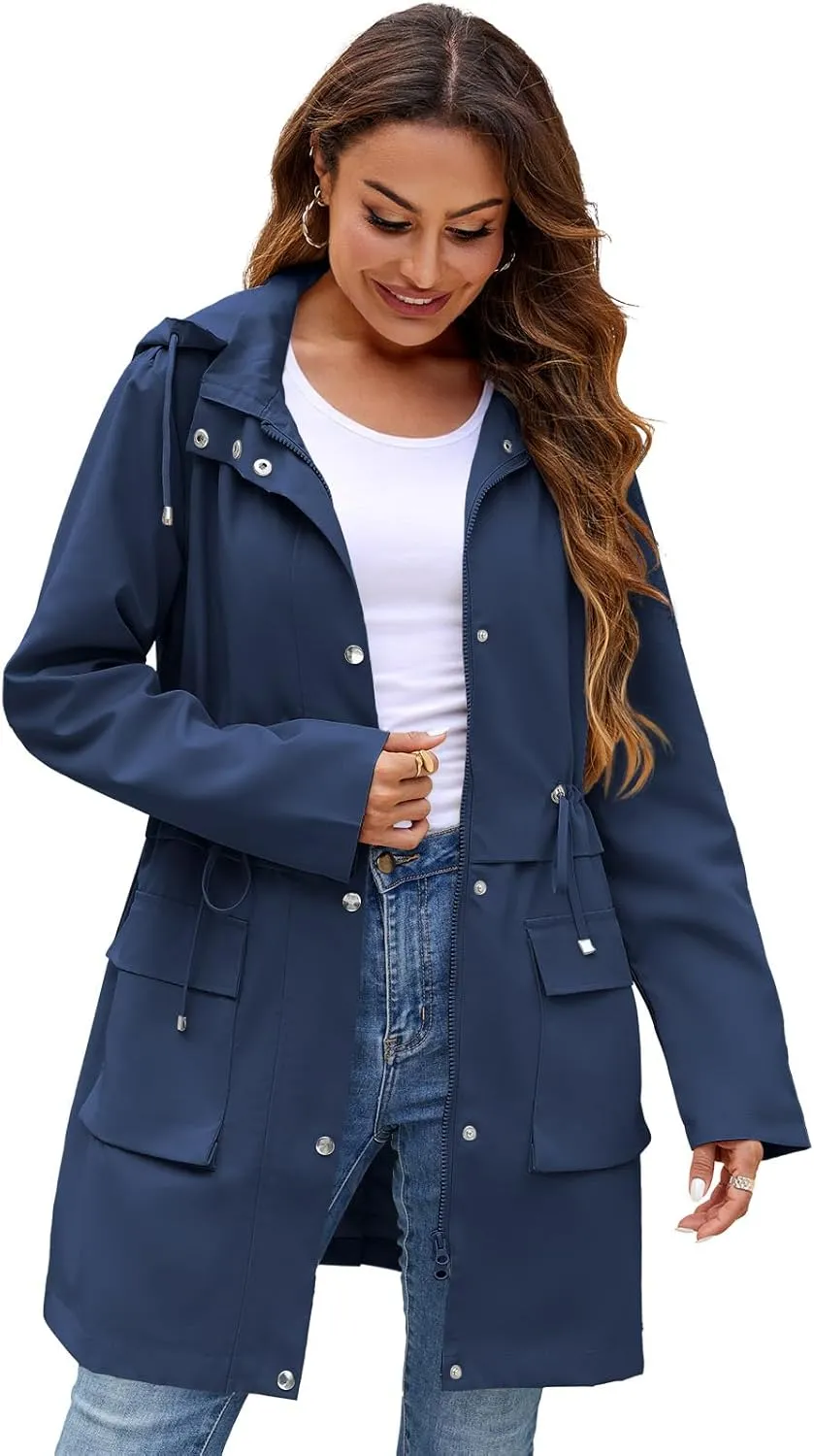 Womens Rain Jacket with Hood, Long Rain Coat for Women Waterproof Trench Coat Lined Windbreaker Fall Jacket
