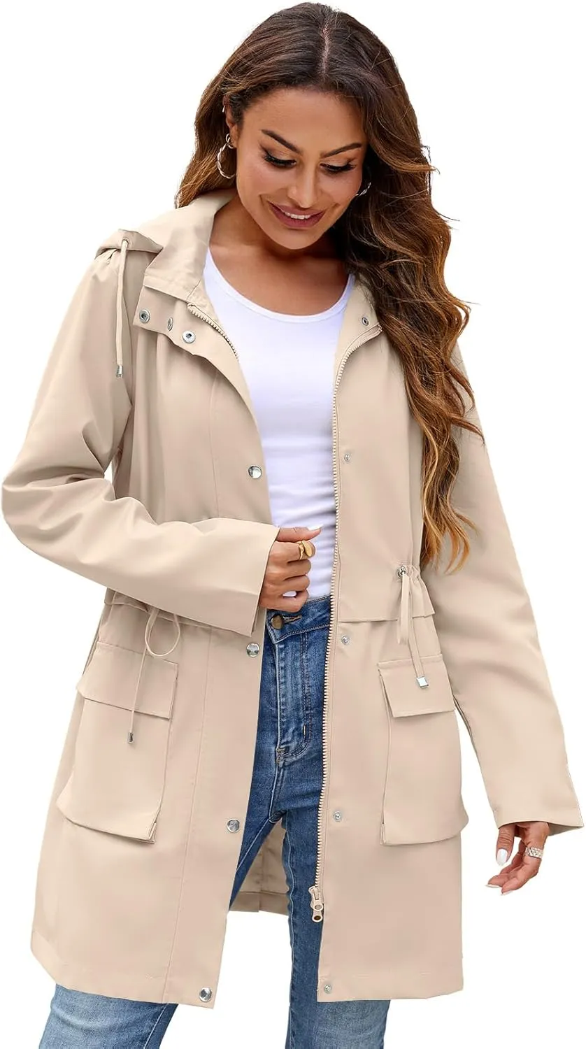 Womens Rain Jacket with Hood, Long Rain Coat for Women Waterproof Trench Coat Lined Windbreaker Fall Jacket