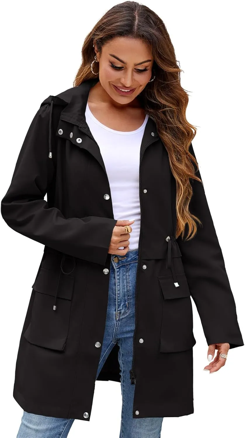 Womens Rain Jacket with Hood, Long Rain Coat for Women Waterproof Trench Coat Lined Windbreaker Fall Jacket