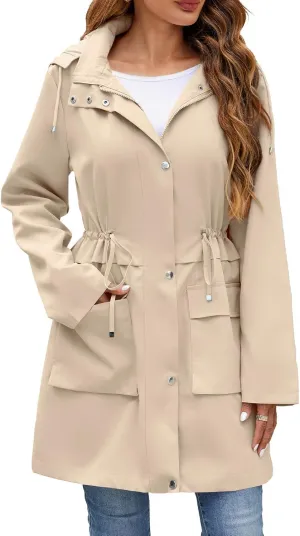 Womens Rain Jacket with Hood, Long Rain Coat for Women Waterproof Trench Coat Lined Windbreaker Fall Jacket