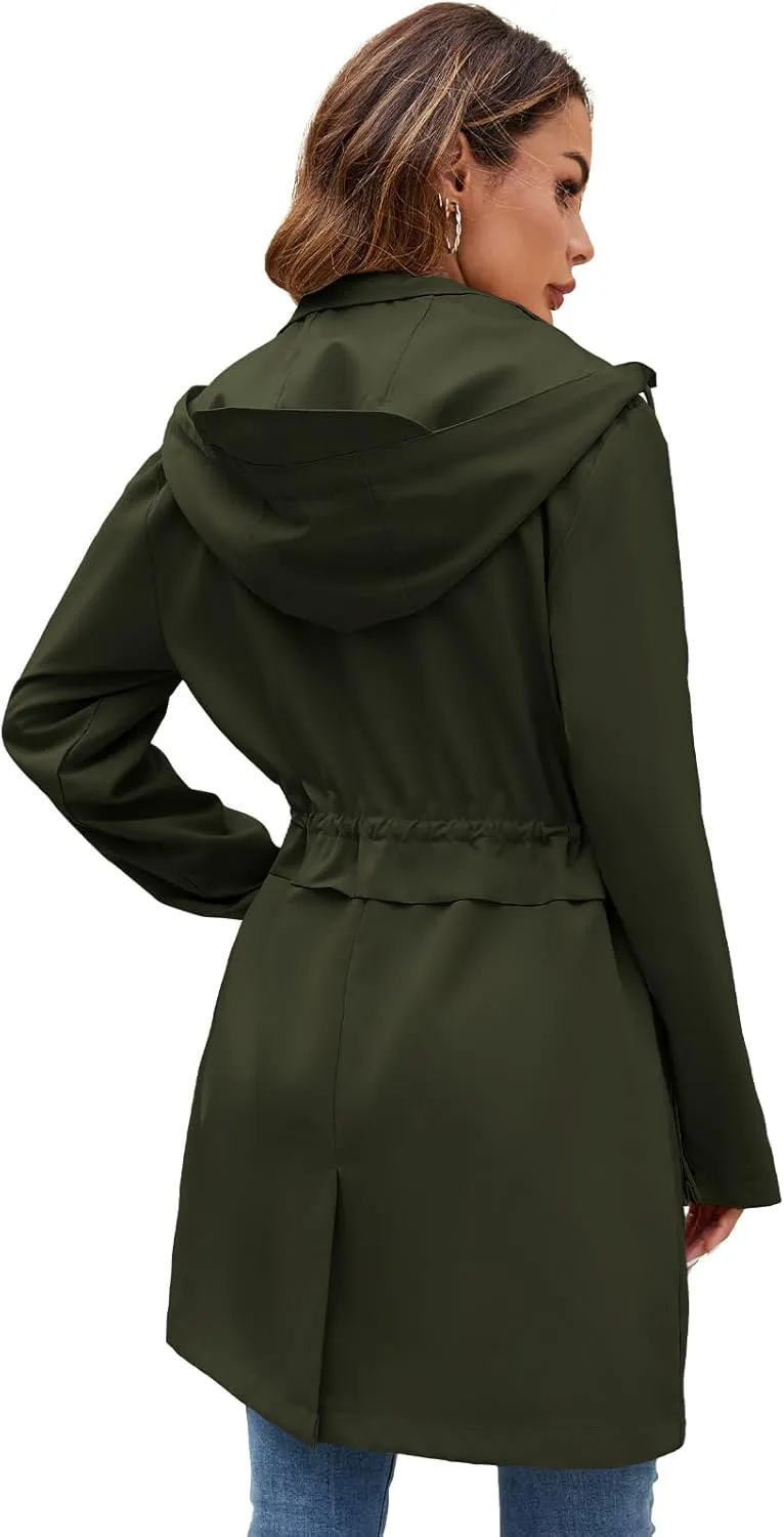 Womens Rain Jacket with Hood, Long Rain Coat for Women Waterproof Trench Coat Lined Windbreaker Fall Jacket