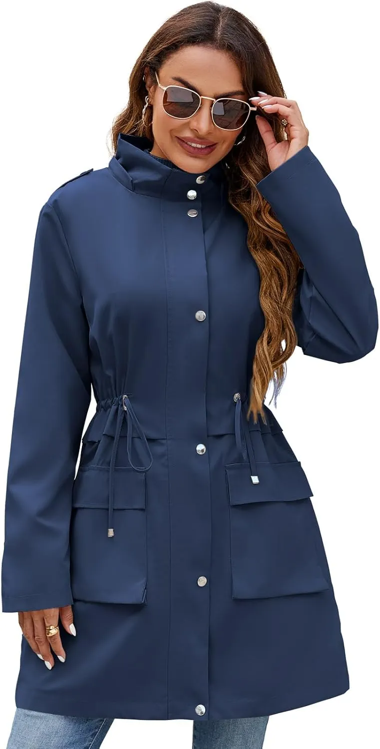 Womens Rain Jacket with Hood, Long Rain Coat for Women Waterproof Trench Coat Lined Windbreaker Fall Jacket