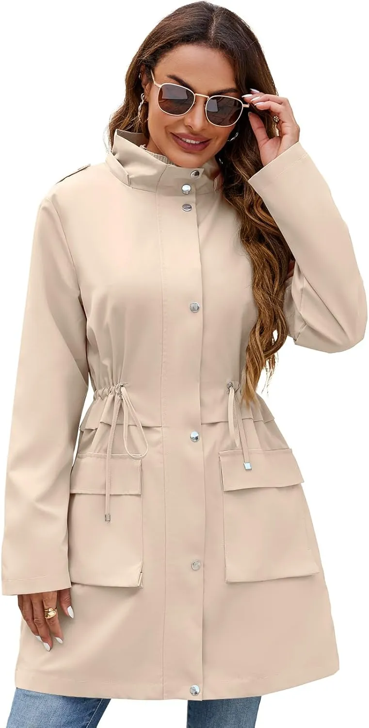 Womens Rain Jacket with Hood, Long Rain Coat for Women Waterproof Trench Coat Lined Windbreaker Fall Jacket