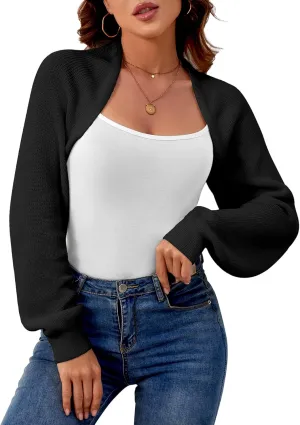Women's Shrug Cardigan Sweaters Open Front Crop Cardigan Ribbed Knit Long Sleeve Drop Shoulder Bolero Sweater