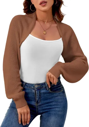 Women's Shrug Cardigan Sweaters Open Front Crop Cardigan Ribbed Knit Long Sleeve Drop Shoulder Bolero Sweater