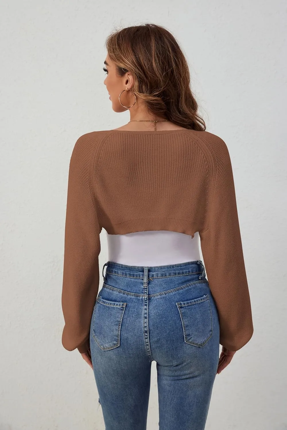Women's Shrug Cardigan Sweaters Open Front Crop Cardigan Ribbed Knit Long Sleeve Drop Shoulder Bolero Sweater