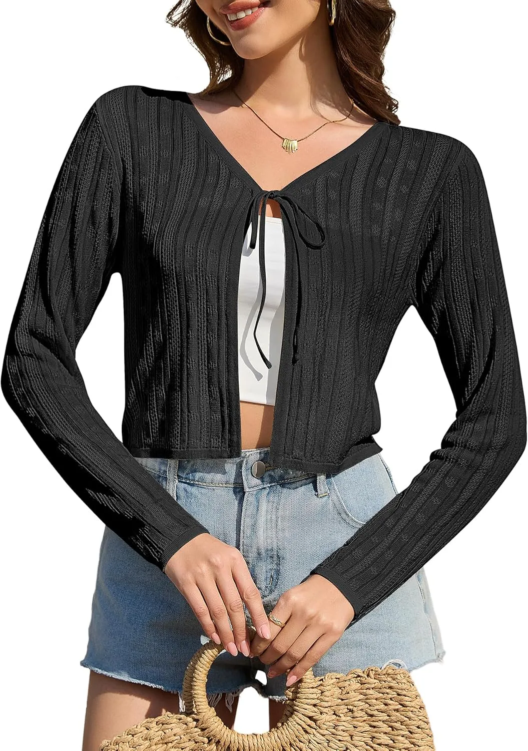Women's Shrug Cardigan Sweaters Tie Front Cropped Cardigan Striped Knit Long Sleeve Open Front Crop Tops
