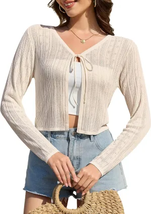 Women's Shrug Cardigan Sweaters Tie Front Cropped Cardigan Striped Knit Long Sleeve Open Front Crop Tops