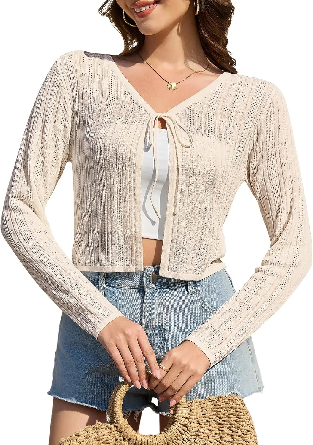 Women's Shrug Cardigan Sweaters Tie Front Cropped Cardigan Striped Knit Long Sleeve Open Front Crop Tops