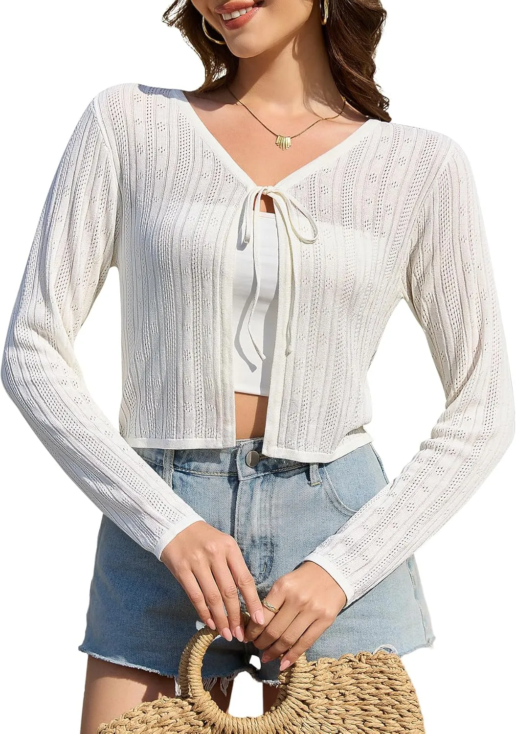 Women's Shrug Cardigan Sweaters Tie Front Cropped Cardigan Striped Knit Long Sleeve Open Front Crop Tops