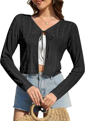 Women's Shrug Cardigan Sweaters Tie Front Cropped Cardigan Striped Knit Long Sleeve Open Front Crop Tops