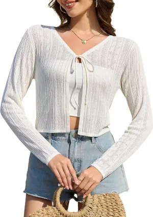 Women's Shrug Cardigan Sweaters Tie Front Cropped Cardigan Striped Knit Long Sleeve Open Front Crop Tops