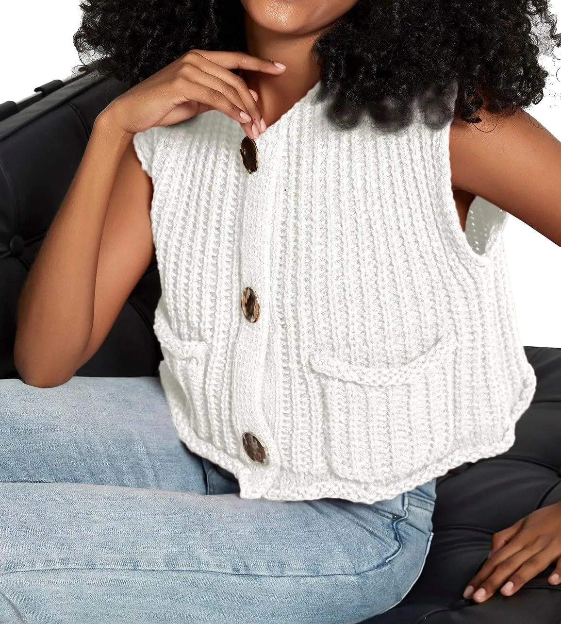 Women's Sleeveless Crochet Cardigan Vest Casual Fashion Button Down Open Front Sweater Vest with Pockets