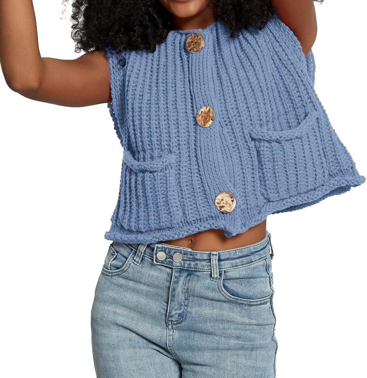 Women's Sleeveless Crochet Cardigan Vest Casual Fashion Button Down Open Front Sweater Vest with Pockets