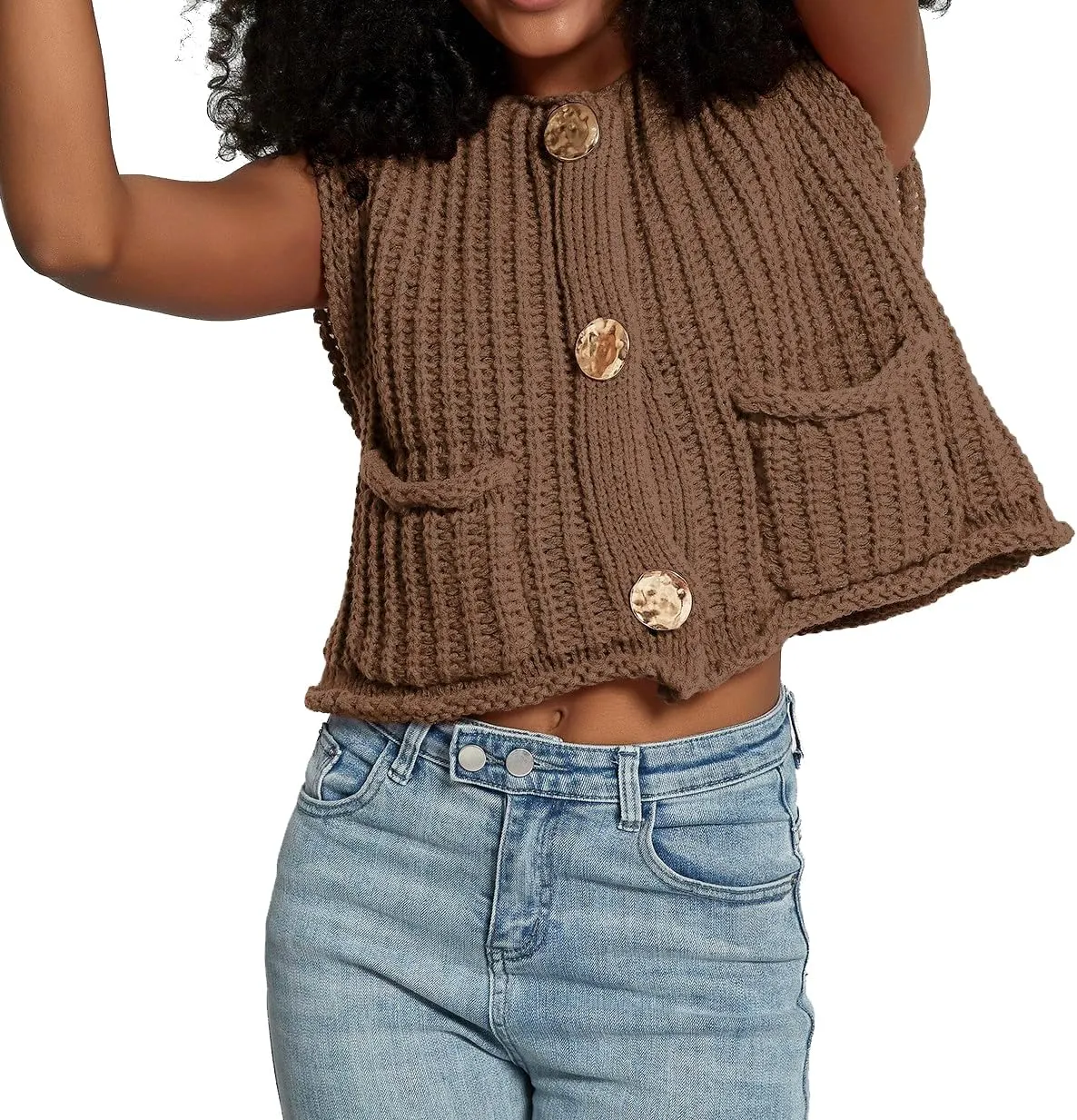 Women's Sleeveless Crochet Cardigan Vest Casual Fashion Button Down Open Front Sweater Vest with Pockets