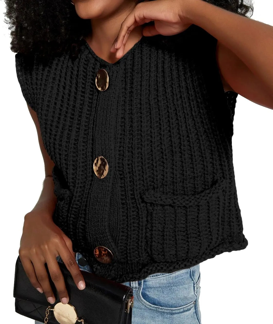 Women's Sleeveless Crochet Cardigan Vest Casual Fashion Button Down Open Front Sweater Vest with Pockets
