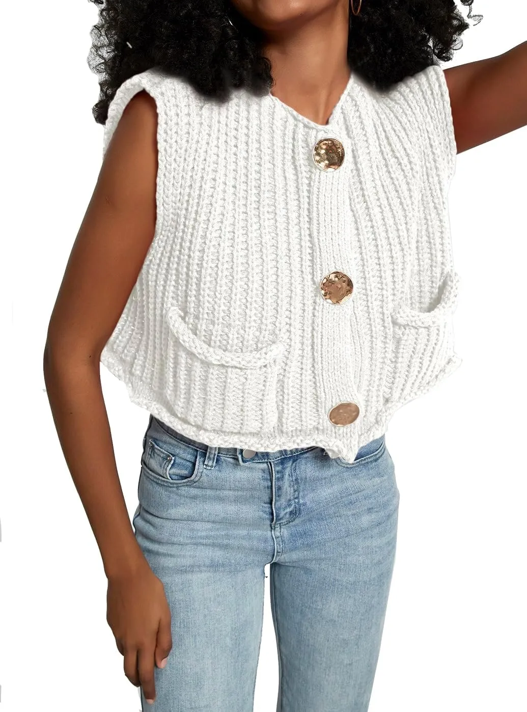 Women's Sleeveless Crochet Cardigan Vest Casual Fashion Button Down Open Front Sweater Vest with Pockets