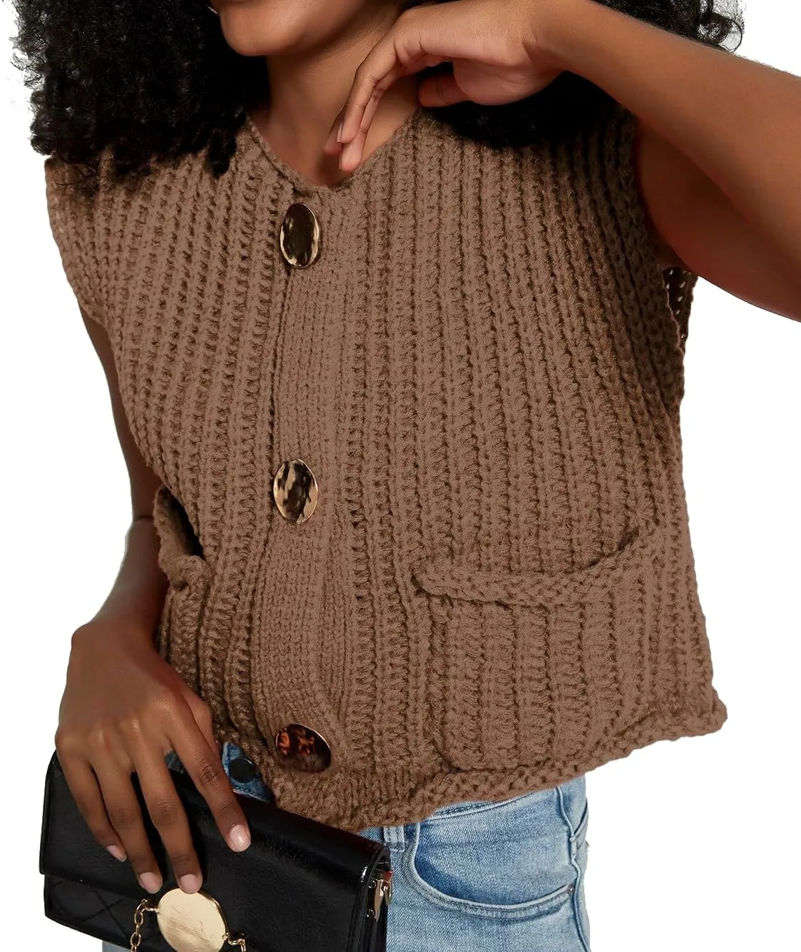 Women's Sleeveless Crochet Cardigan Vest Casual Fashion Button Down Open Front Sweater Vest with Pockets