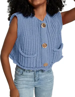 Women's Sleeveless Crochet Cardigan Vest Casual Fashion Button Down Open Front Sweater Vest with Pockets