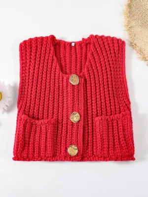 Women's Sleeveless Crochet Cardigan Vest Casual Fashion Button Down Open Front Sweater Vest with Pockets