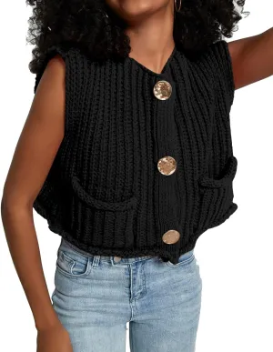 Women's Sleeveless Crochet Cardigan Vest Casual Fashion Button Down Open Front Sweater Vest with Pockets