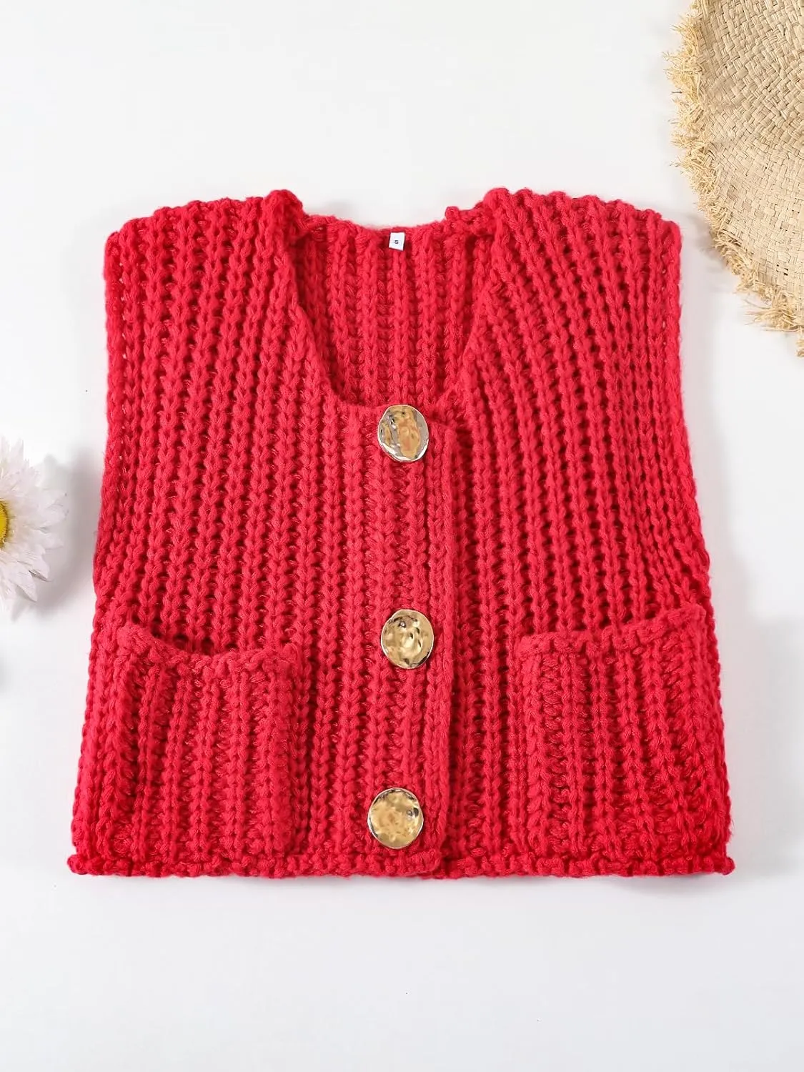 Women's Sleeveless Crochet Cardigan Vest Casual Fashion Button Down Open Front Sweater Vest with Pockets