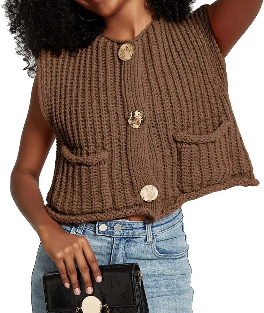 Women's Sleeveless Crochet Cardigan Vest Casual Fashion Button Down Open Front Sweater Vest with Pockets