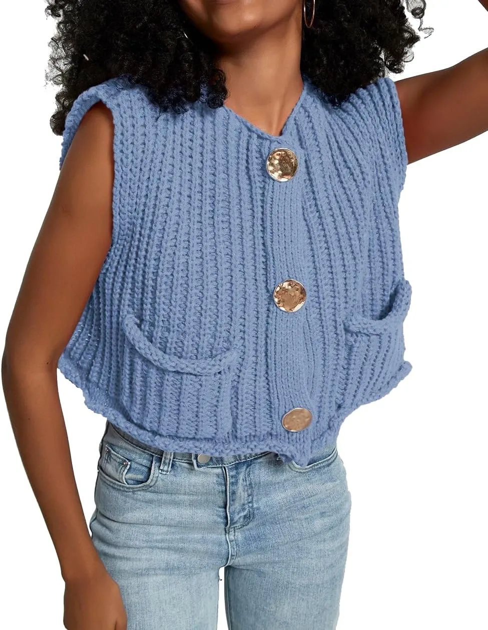 Women's Sleeveless Crochet Cardigan Vest Casual Fashion Button Down Open Front Sweater Vest with Pockets