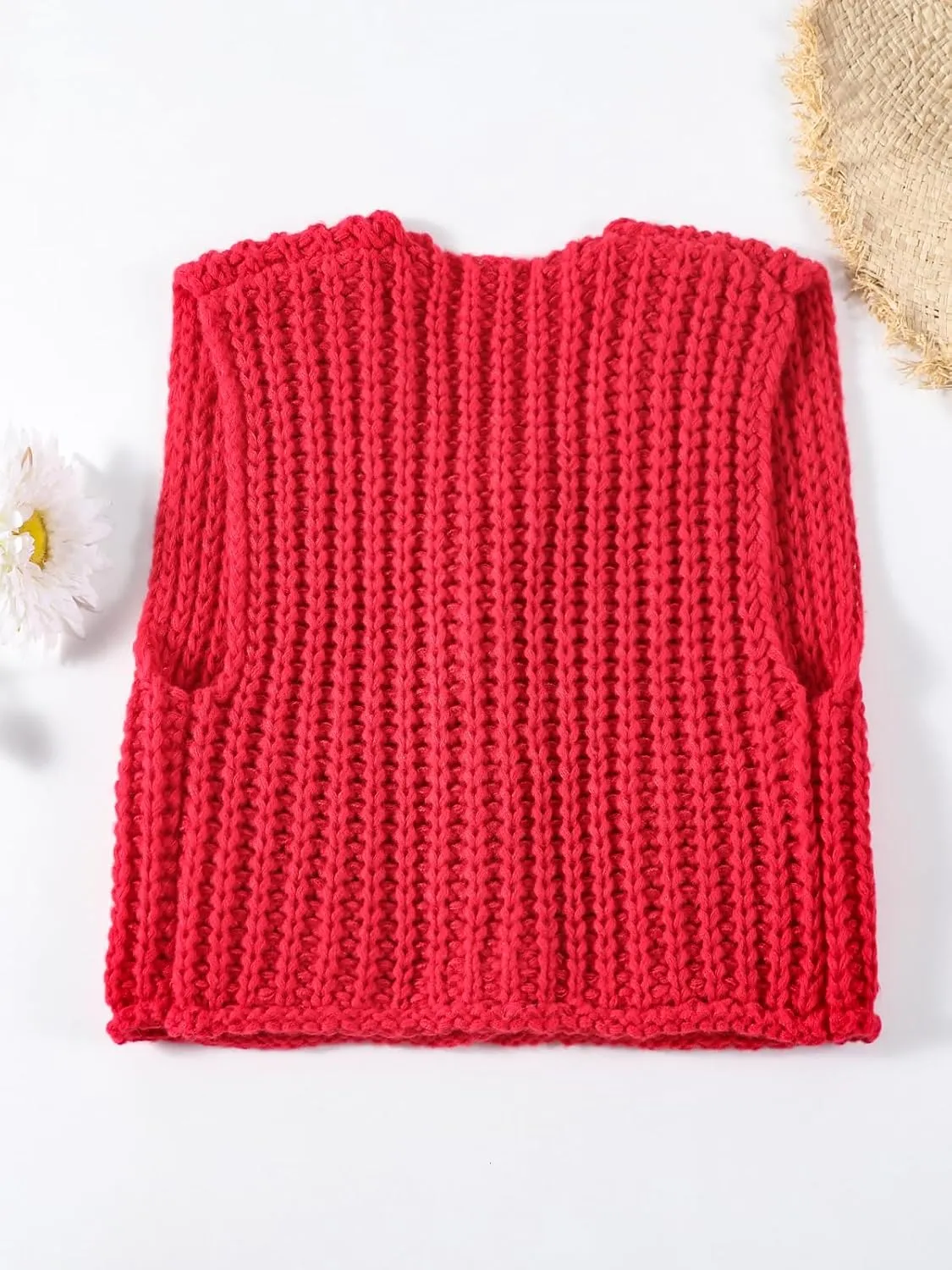Women's Sleeveless Crochet Cardigan Vest Casual Fashion Button Down Open Front Sweater Vest with Pockets