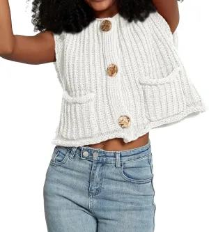 Women's Sleeveless Crochet Cardigan Vest Casual Fashion Button Down Open Front Sweater Vest with Pockets