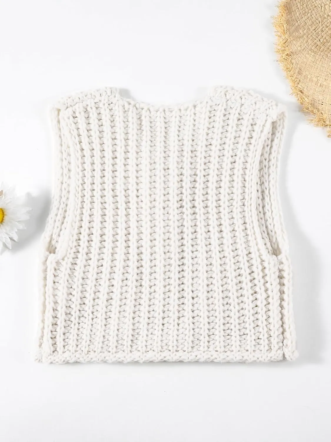 Women's Sleeveless Crochet Cardigan Vest Casual Fashion Button Down Open Front Sweater Vest with Pockets