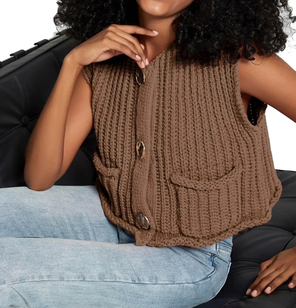 Women's Sleeveless Crochet Cardigan Vest Casual Fashion Button Down Open Front Sweater Vest with Pockets