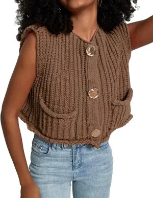 Women's Sleeveless Crochet Cardigan Vest Casual Fashion Button Down Open Front Sweater Vest with Pockets