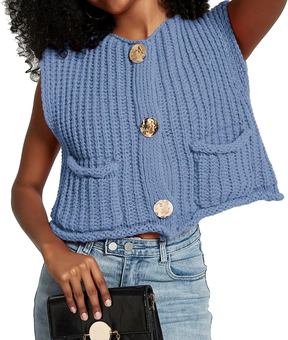 Women's Sleeveless Crochet Cardigan Vest Casual Fashion Button Down Open Front Sweater Vest with Pockets