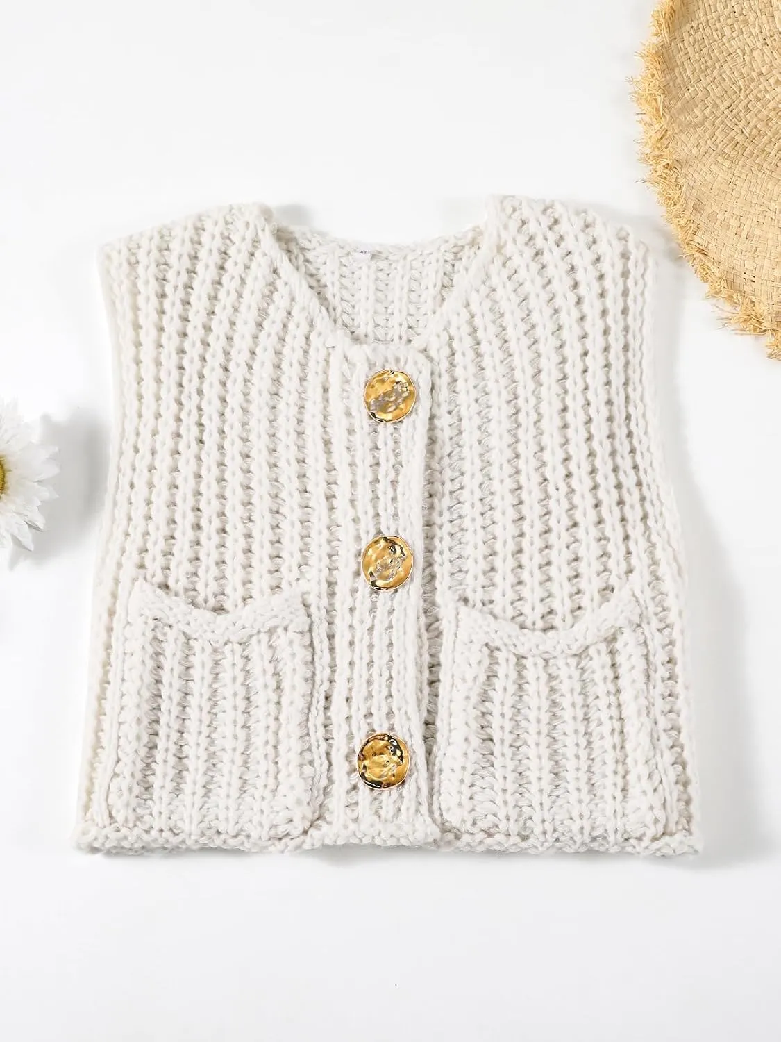 Women's Sleeveless Crochet Cardigan Vest Casual Fashion Button Down Open Front Sweater Vest with Pockets