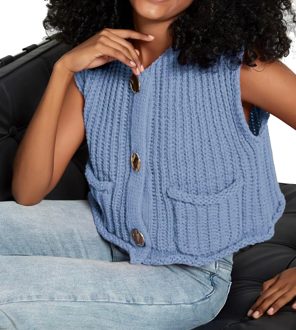 Women's Sleeveless Crochet Cardigan Vest Casual Fashion Button Down Open Front Sweater Vest with Pockets