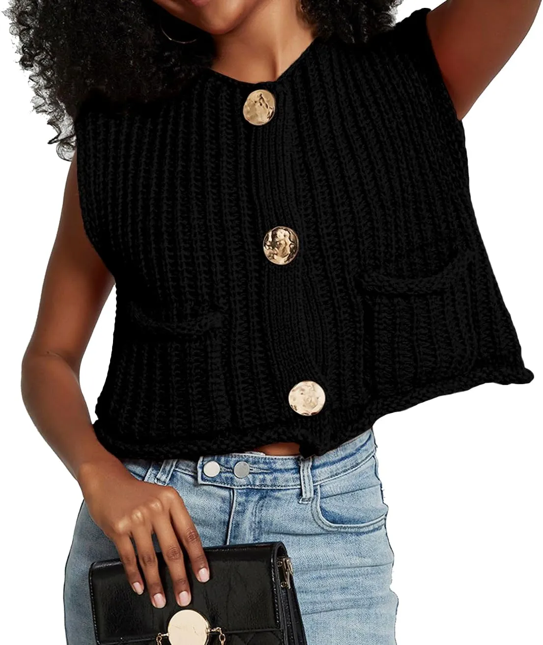 Women's Sleeveless Crochet Cardigan Vest Casual Fashion Button Down Open Front Sweater Vest with Pockets