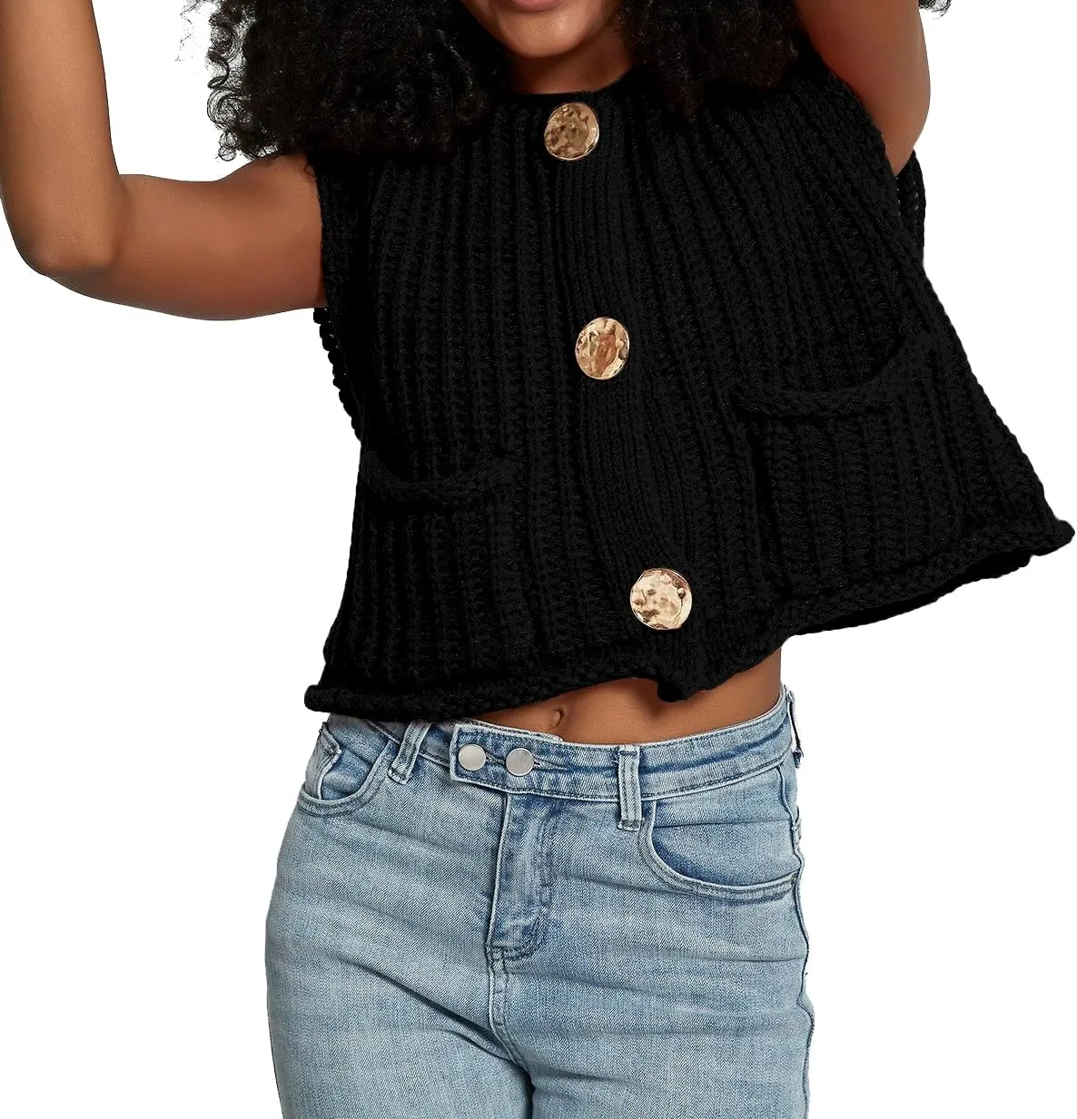 Women's Sleeveless Crochet Cardigan Vest Casual Fashion Button Down Open Front Sweater Vest with Pockets