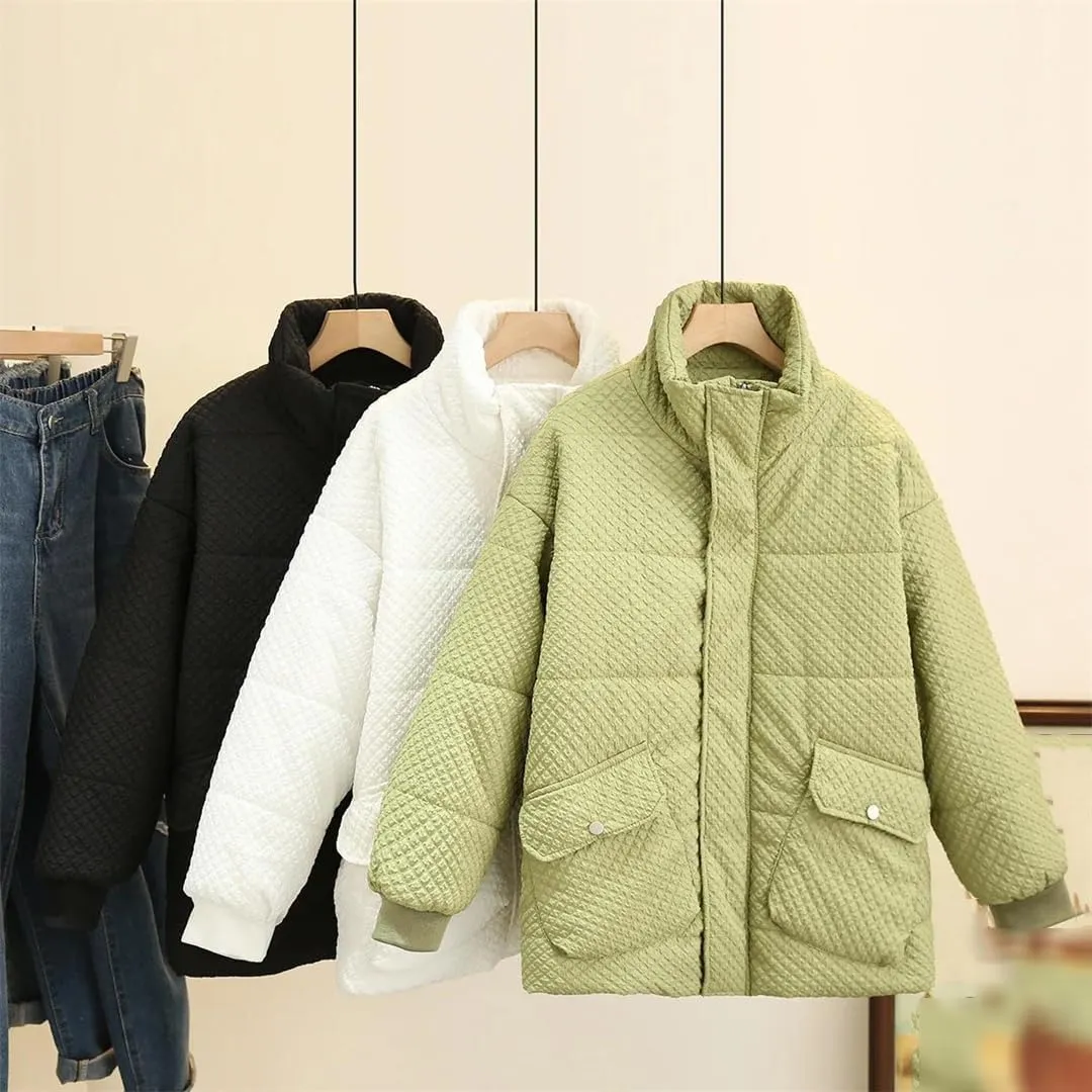 Women's Winter Parka Double Pockets Stand Collar Down Cotton Padded Jacket Loose Warm Coat