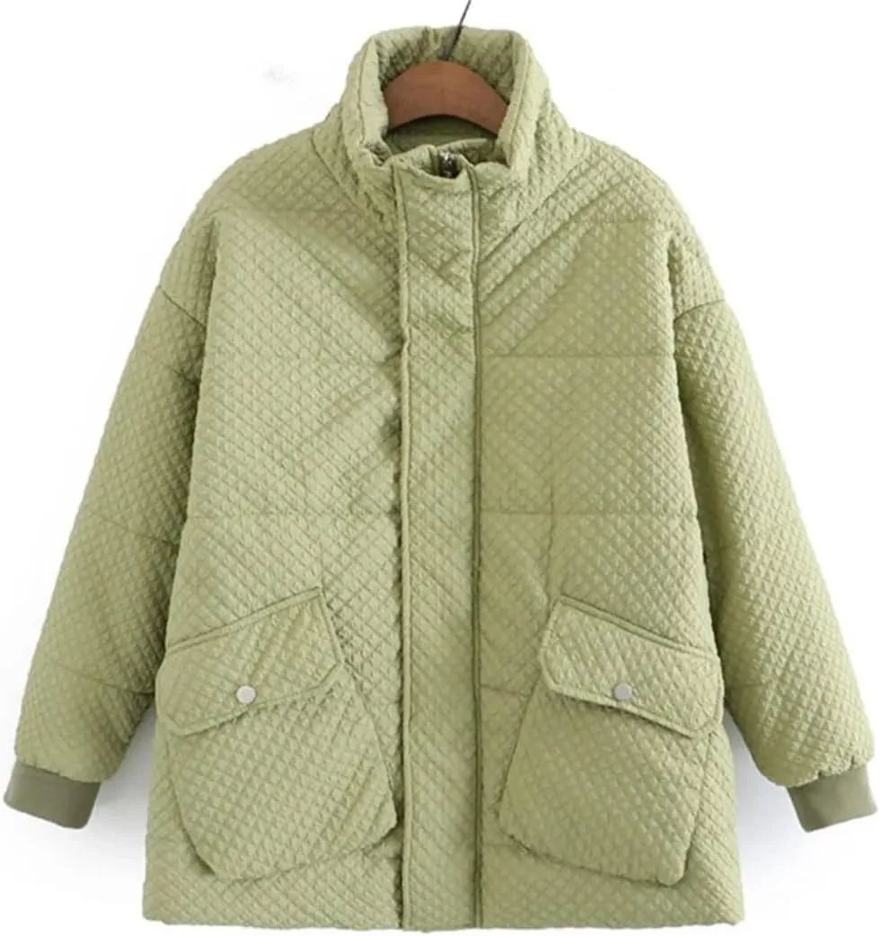 Women's Winter Parka Double Pockets Stand Collar Down Cotton Padded Jacket Loose Warm Coat