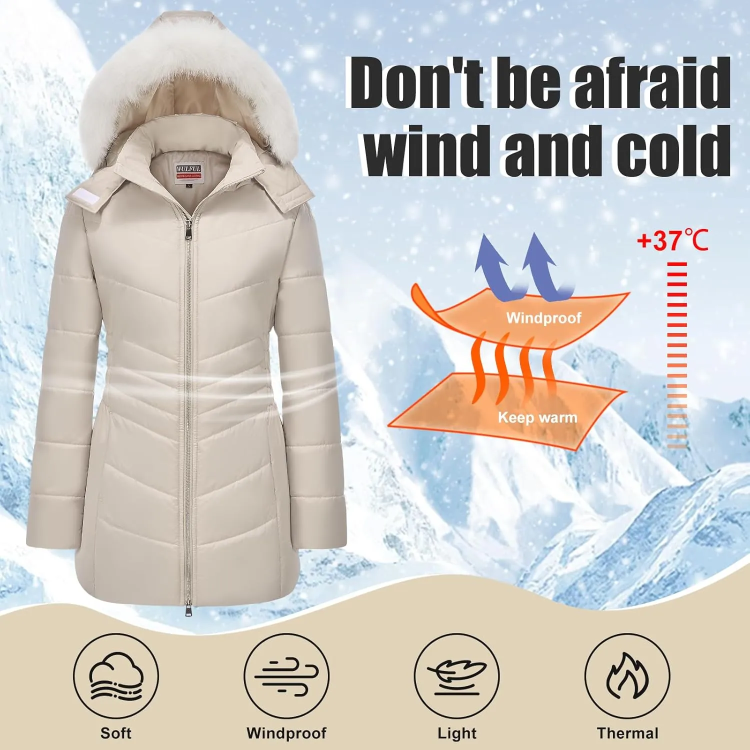 WULFUL Women's Winter Coats Long Warm Thicken Puffer Jackets Outwear With Removable Fur Hood